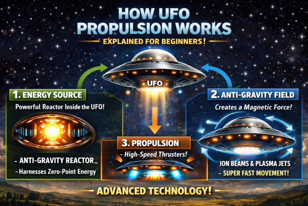 “How UFO propulsion works explained with anti-gravity and plasma energy concepts for beginners”