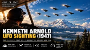Kenneth Arnold UFO sighting in 1947 near Mount Rainier with nine unidentified objects