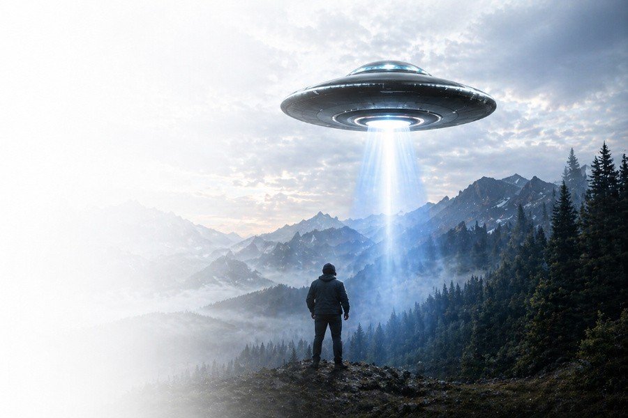 UFO hovering above mountains with a person watching in a mysterious landscape