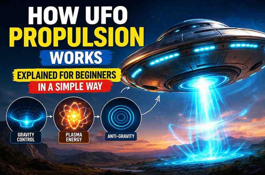 UFO propulsion explained thumbnail with anti-gravity, plasma energy, and gravity control concepts