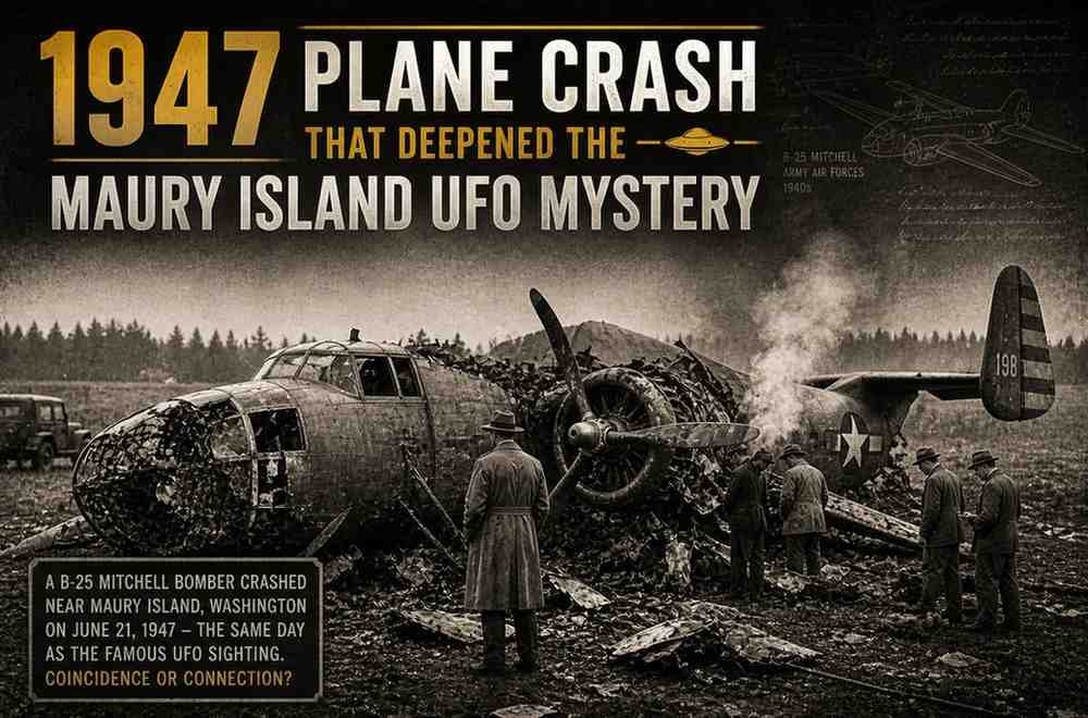 1947 B-25 Mitchell bomber crash site with investigators examining wreckage linked to the Maury Island UFO mystery