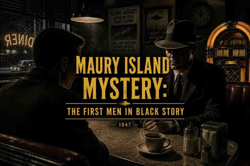 1940s diner scene showing a man in a dark suit meeting a witness during the Maury Island UFO incident linked to an early Men in Black encounter