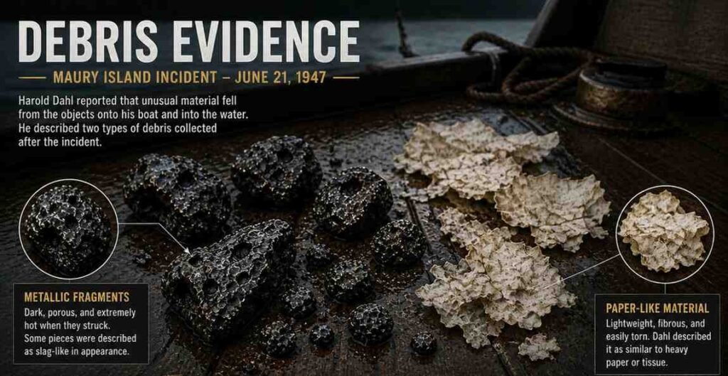 Metallic fragments and paper-like material scattered on a wooden boat deck after the Maury Island UFO incident in 1947