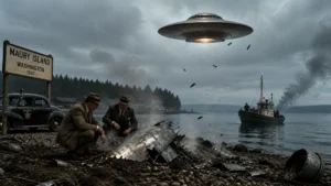 Maury Island UFO Incident 1947 showing debris falling and investigators examining evidence near harbor