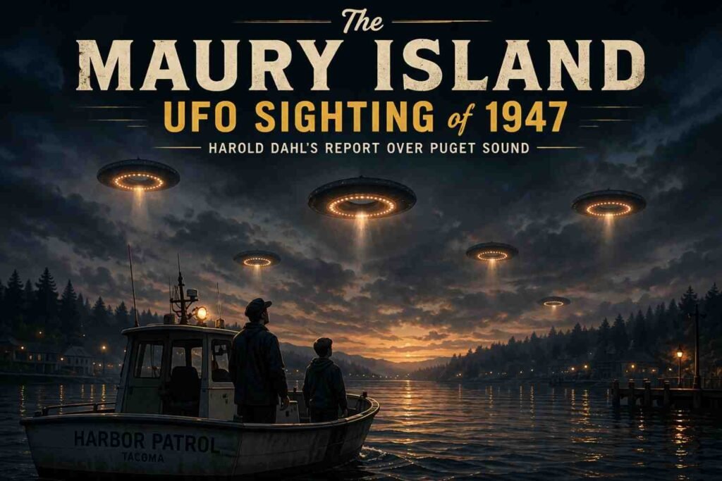Maury Island UFO sighting of 1947 with glowing craft above harbor patrol boat